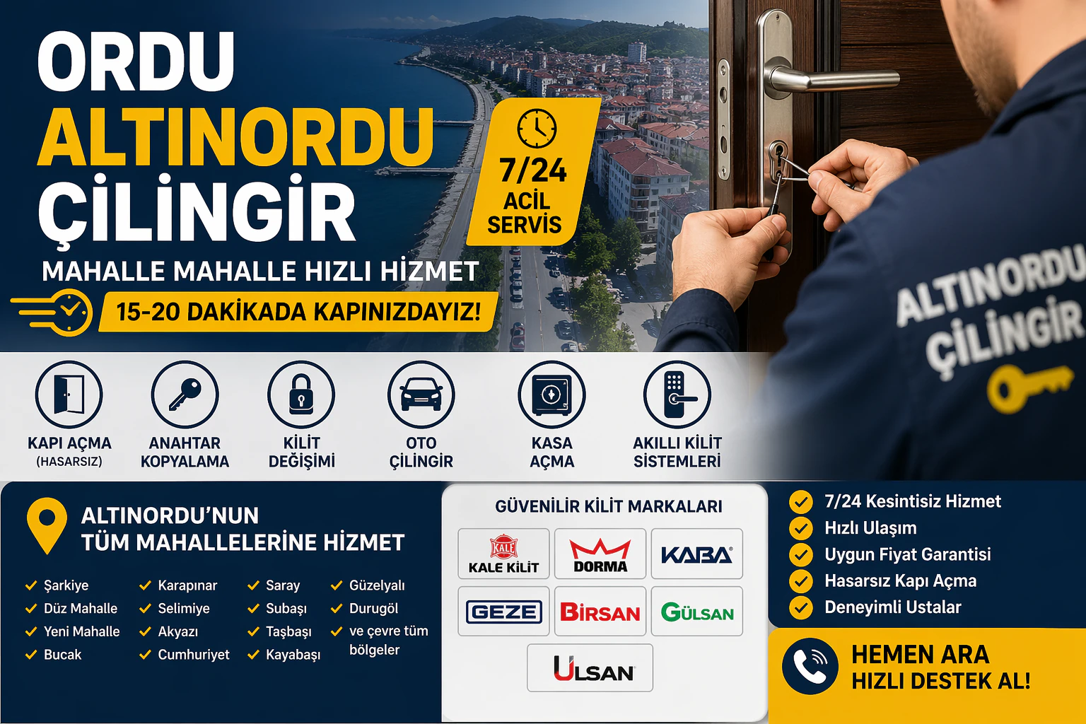 Ordu Altınordu Çilingir | 7/24 Acil Anahtarcı Hizmeti (Mahalle Mahalle Hızlı Servis)